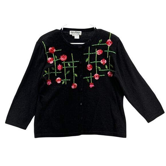 Jack B Quick Vintage Embroidered Floral Black Button Up Cardigan Sweater Women M - Picture 1 of 6